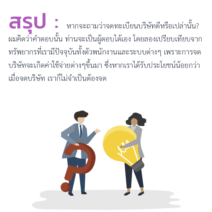 สรุป : หากจะถามว่าจดทะเบียนบริษัทดีหรือเปล่านั้น? ผมคิดว่าคำตอบนั้น ท่านจะเป็นผู้ตอบได้เอง โดยลองเปรียบเทียบจาก ทรัพยากรที่เรามีปัจจุบันทั้งตัวพนักงานและระบบต่างๆ เพราะการจด บริษัทจะเกิดค่าใช้จ่ายต่างๆขึ้นมา ซึ่งหากเราได้รับประโยชน์น้อยกว่า เมื่อจดบริษัท เราก็ไม่จำเป็นต้องจด